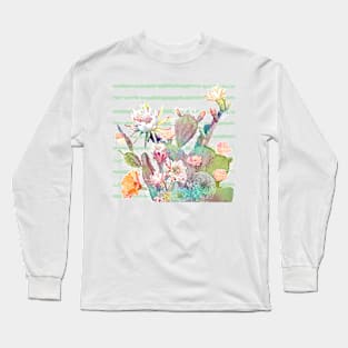 Watercolor cactus, floral and stripes design Long Sleeve T-Shirt